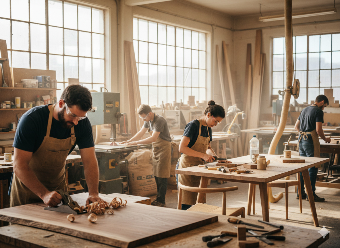 Furniture workshop with craftsmen working on custom pieces